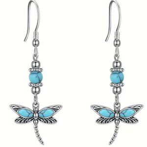 Bohemian Silver Electro-Plated Synthetic Turquoise Dragonfly Dangle Earrings